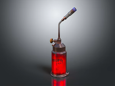 Vintage Red Glass Bottle With Metal Nozzle And Brass Valve On Reflective Surface 3d model