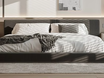 Modern Double Bed With White Bedding Gray Throw Blanket Sunlight Shadows And Wooden Floor 3d model