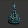 Turquoise Ceramic Sculpture Vessel With Intricate Carvings And Bird Head Design