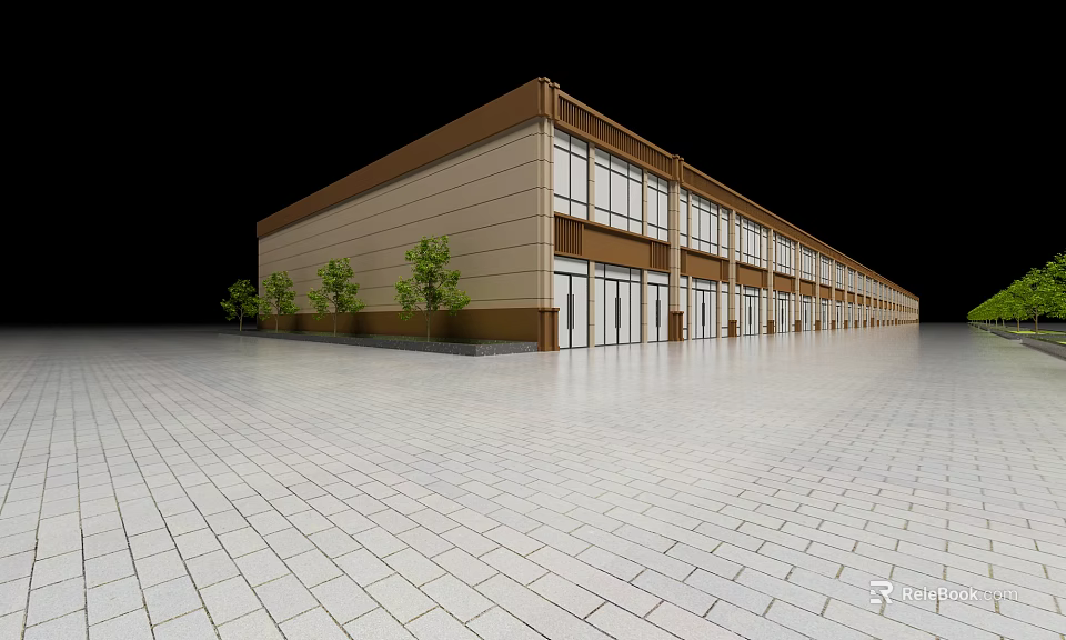 Modern Commercial Street Building With Beige Brown Exterior Large Glass Windows Green Trees Paved Square 3d model 
