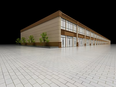 Modern Commercial Street Building With Beige Brown Exterior Large Glass Windows Green Trees Paved Square 3d model