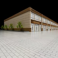 Modern Commercial Street Building With Beige Brown Exterior Large Glass Windows Green Trees Paved Square