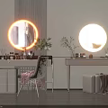 Modern Dressing Table With Round Lighted Mirror Drawers Stool And Green Plant Decor