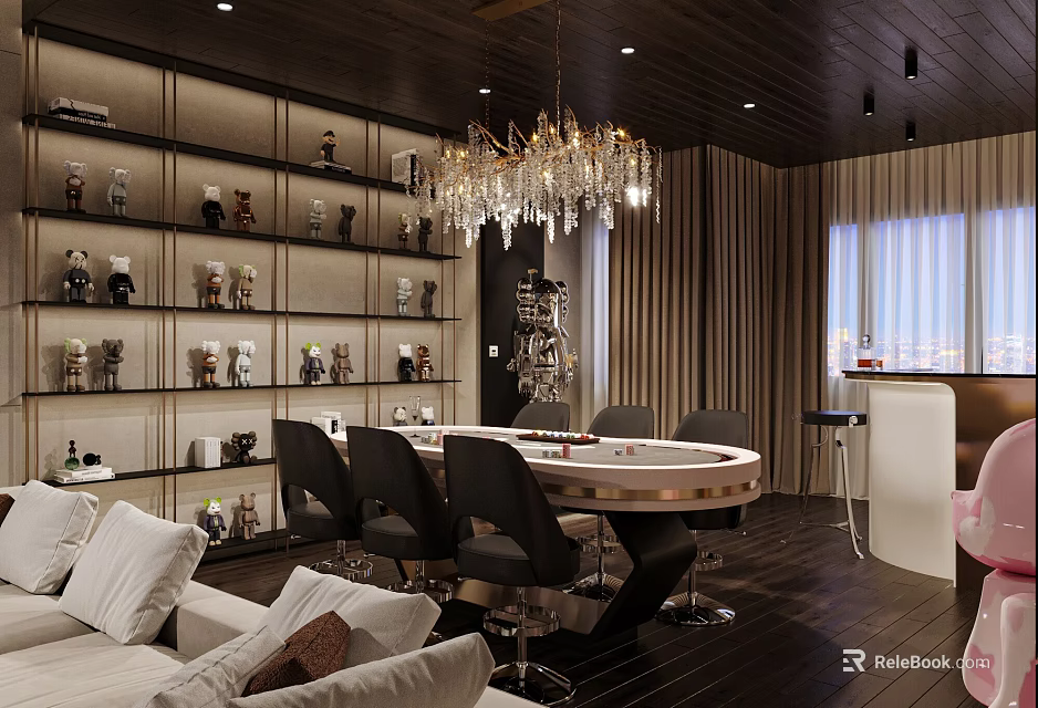 Elegant Hotel Mahjong Room with Round Table Comfortable Chairs Crystal Chandelier Decorative Shelves Cozy Sofa 3d model 