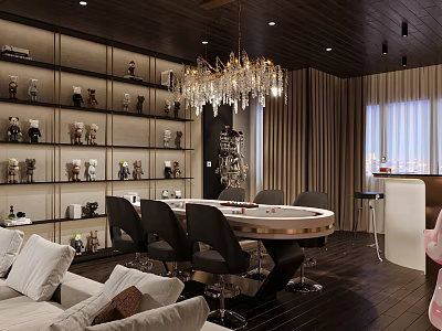 Elegant Hotel Mahjong Room with Round Table Comfortable Chairs Crystal Chandelier Decorative Shelves Cozy Sofa 3d model