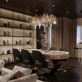 Elegant Hotel Mahjong Room with Round Table Comfortable Chairs Crystal Chandelier Decorative Shelves Cozy Sofa