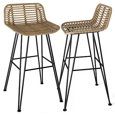 Stylish Set Of Two Rattan Bar Stools With Black Metal Legs And Woven Design 3d model