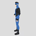 Muscular Man in Blue Bodysuit with Black Accents Standing with Arms Outstretched Wearing Sunglasses
