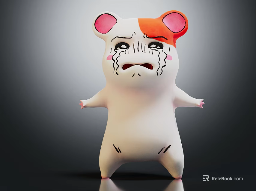 Cute White Cartoon Character With Pink Ears Orange Head And Crying Expression Standing 3d model 