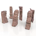 Red Brick Ancient Ruins Wall Structures With Fragmented Architectural Features 3d model