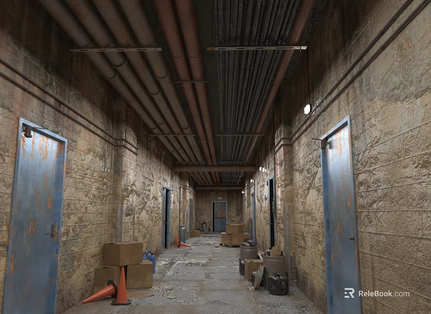 Abandoned Dusty Corridor With Exposed Pipes Cardboard Boxes And Blue Doors 3d model 