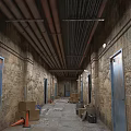 Abandoned Dusty Corridor With Exposed Pipes Cardboard Boxes And Blue Doors