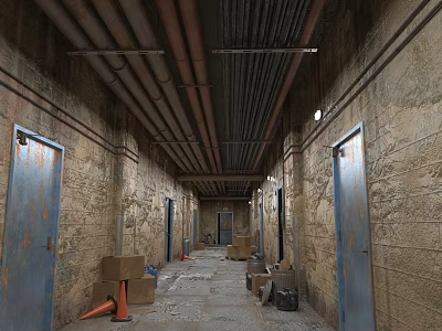 Abandoned Dusty Corridor With Exposed Pipes Cardboard Boxes And Blue Doors 3d model