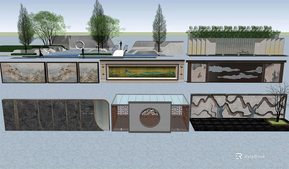 Modern Landscape Feature Wall Designs With Stone Metal Carved Patterns And Trees 3d model