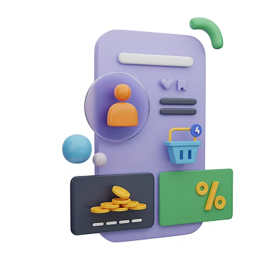 Smartphone Interface With User Avatar Heart List Icons Shopping Basket Gold Coins And Percentage Symbol 3d model