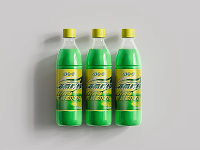 Three Vibrant Green Beverage Bottles with Yellow Caps and Refreshing Packaging Design 3d model