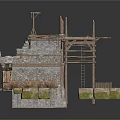 Ruined Stone Building Interior With Wooden Beams Blue Canopy And Scattered Items