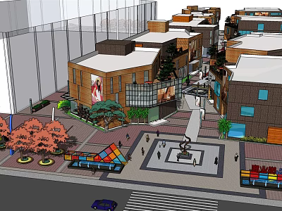 Vibrant Commercial Street With Modern Buildings Pedestrians Plaza And Greenery 3d model