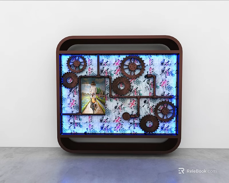 Artistic Decorative Frame With Gears Blue Lighting And Central 3d model 