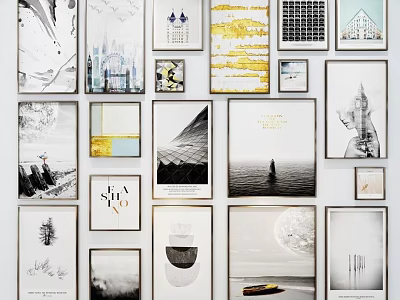 Creative Photo Wall With Various Framed Black White Color Artworks And Modern Decor 3d model
