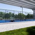 Tennis Court Complex With Blue Surfaces And Landscaped Greenery Trees And Lawns