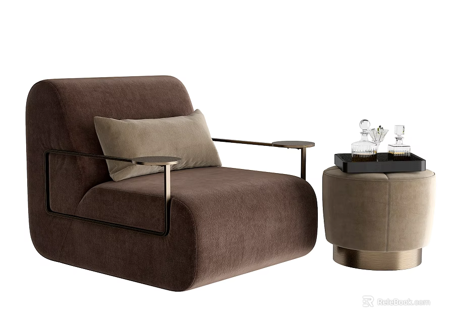 Brown Fabric Single Sofa With Beige Cushion Metal Armrests And Round Side Table With Decorations 3d model 