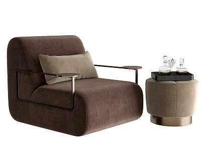 Brown Fabric Single Sofa With Beige Cushion Metal Armrests And Round Side Table With Decorations 3d model