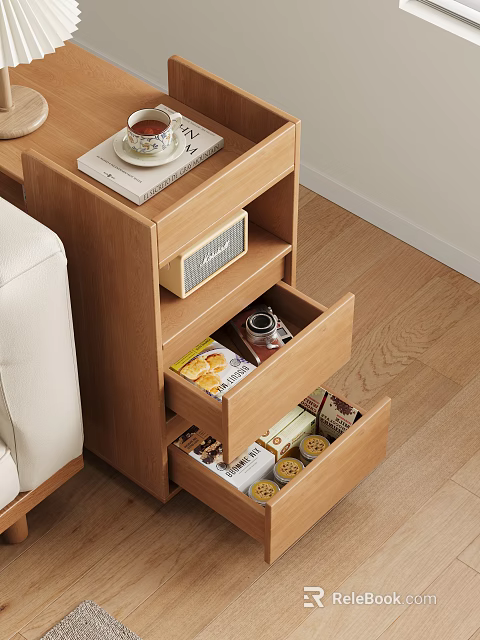 Multi Layer Wooden Drawer Cabinet With Open Drawers Holding Decorative Ornament Set Teacups Books 3d model 