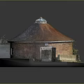 Traditional Round Red Brick Building with Conical Roof Small Window and Hexagonal Grass Pedestal