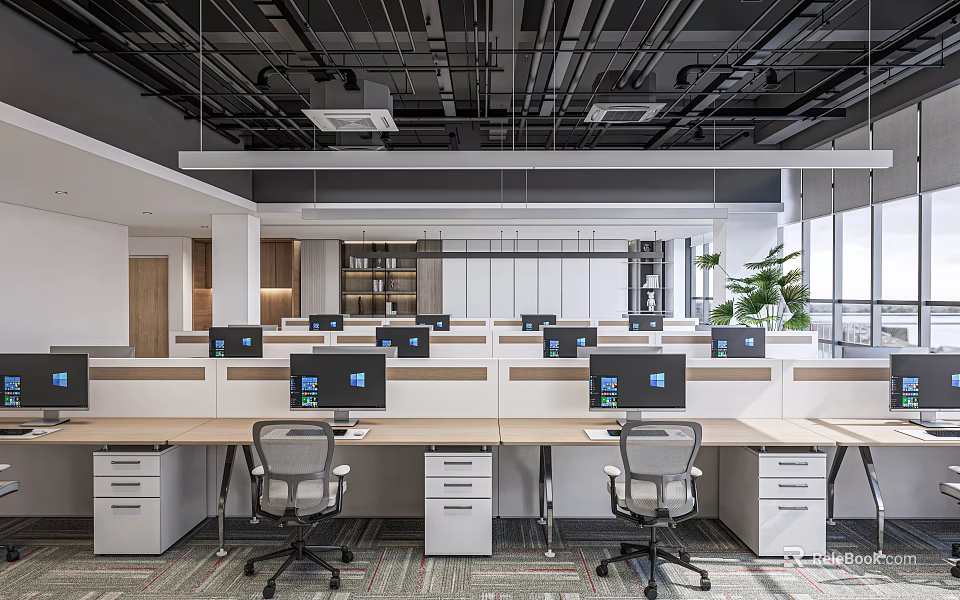 Public Office Space Open Workstations With Computers Ergonomic Chairs Storage Cabinets Green Plants Bright Windows 3d model 