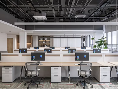 Public Office Space Open Workstations With Computers Ergonomic Chairs Storage Cabinets Green Plants Bright Windows 3d model