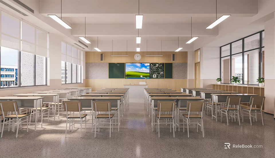 School Bright Classroom Interior With Rows Of Desks Blackboard TV Screen And Hanging Lights 3d model 