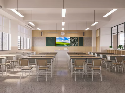 School Bright Classroom Interior With Rows Of Desks Blackboard TV Screen And Hanging Lights 3d model