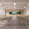 School Bright Classroom Interior With Rows Of Desks Blackboard TV Screen And Hanging Lights