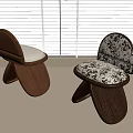 Modern Interior Wooden Stools With Patterned Cushions And Curved Frame Design 3d model