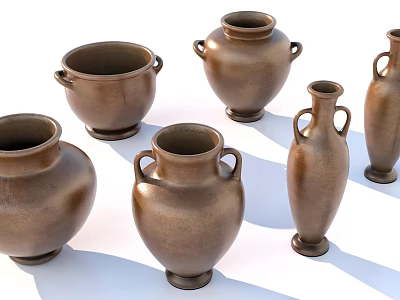 Collection of Brown Ceramic Vessels with Handles in Various Shapes for Home Decor 3d model