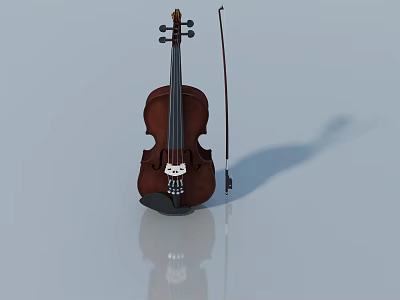 Smart Machine Crafted Violin With Bow On Smooth Reflective Surface 3d model