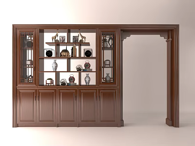 Chinese Style Wooden Display Cabinet With Multiple Shelves And Decorative Ceramic Items 3d model