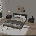 Modern Double Bed with Bedding Nightstands Lamp Framed Pictures Window Rug and Wooden Floor