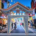 Tibetan Style Commercial Street With Traditional Archway Night Lights Pedestrians And Colorful Shop Signboards