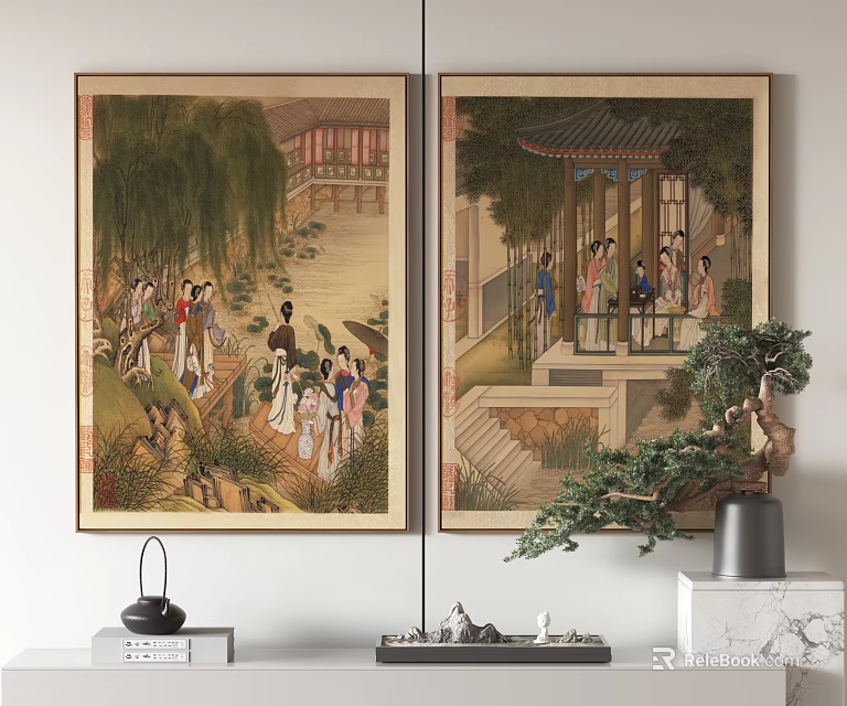 Traditional Chinese Figure Paintings Decorate Modern Living Space With Bonsai 3d model 