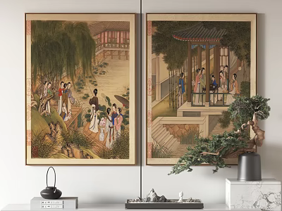 Traditional Chinese Figure Paintings Decorate Modern Living Space With Bonsai 3d model
