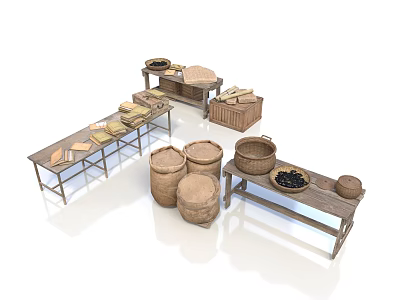 Rural Landscape With Traditional Wooden Furniture Barrels And Baskets Holding Black Items 3d model