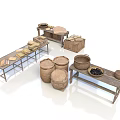 Rural Landscape With Traditional Wooden Furniture Barrels And Baskets Holding Black Items