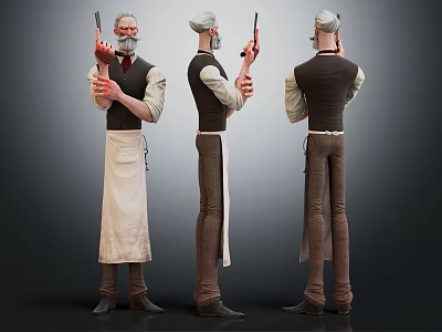 Three Angles View Of Bearded Character 3D Model Holding Gun With Hat Vest And Apron 3d model