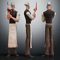 Three Angles View Of Bearded Character 3D Model Holding Gun With Hat Vest And Apron