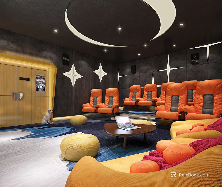 Home Theater Interior With Orange Recliner Seats Star Wall Decorations Circular Ceiling And Cozy Design 3d model 