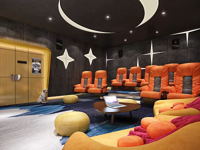 Home Theater Interior With Orange Recliner Seats Star Wall Decorations Circular Ceiling And Cozy Design 3d model