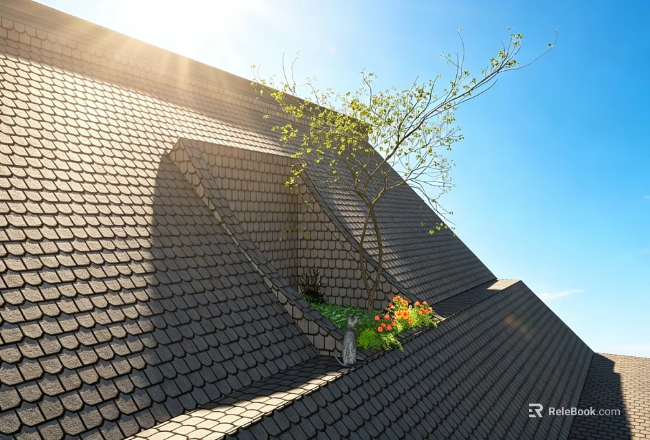 Roof Garden On Tiled Roof With Sunlight Tree Flowers And Blue Sky 3d model 