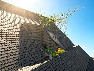 Roof Garden On Tiled Roof With Sunlight Tree Flowers And Blue Sky 3d model